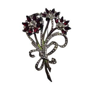 Antique Rare Superb 40s Cast Rhinestone Triple Flower Brooch (A8890)